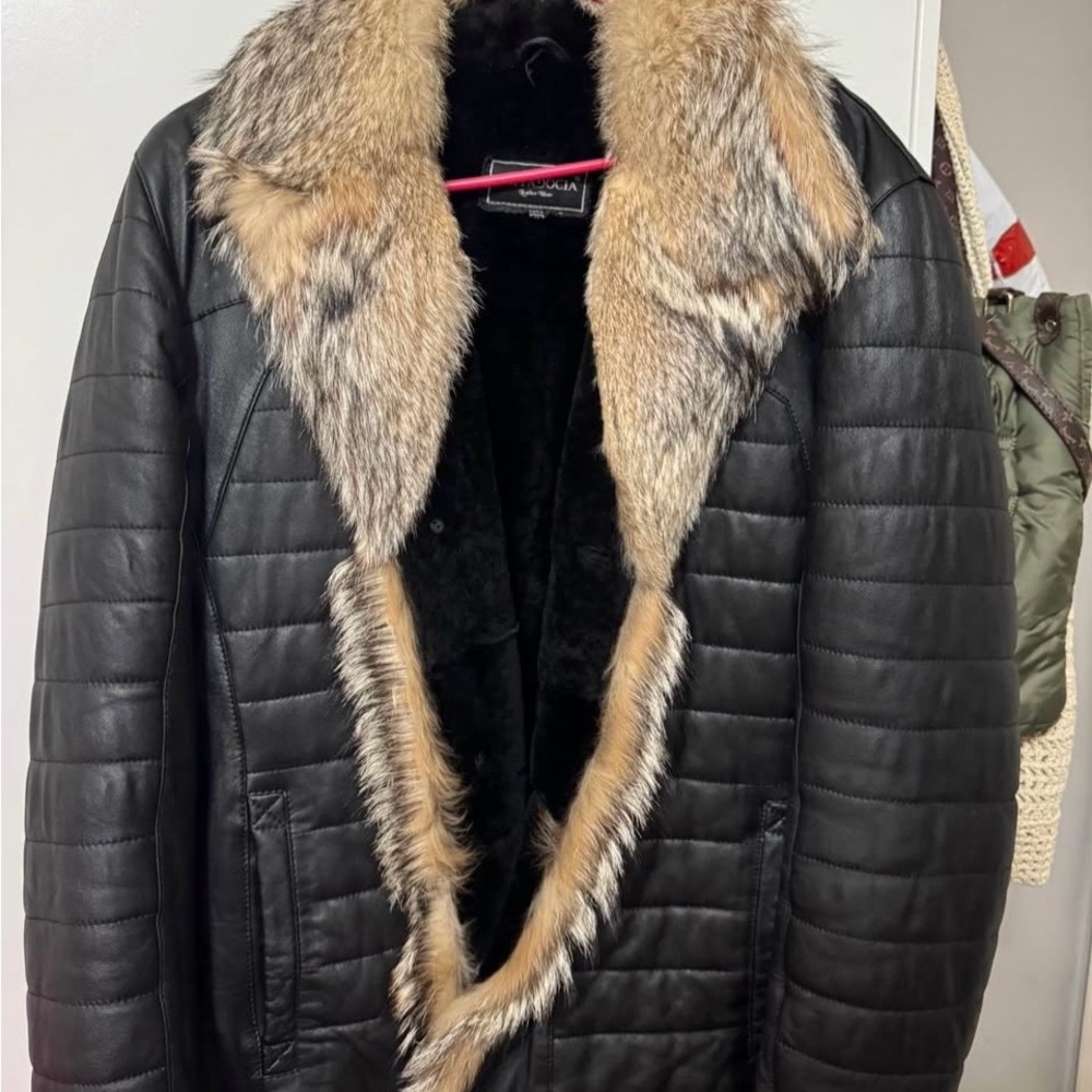 Men's Black Real LeatherJacket with real fox fur